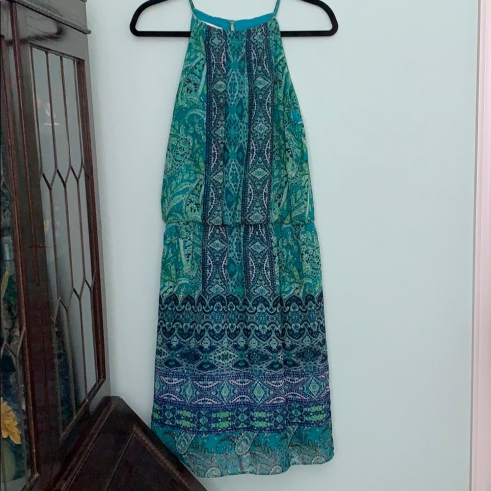 London Times blue/green paisley halter midi dress